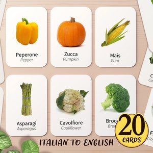 20 Flashcards de vegetais em italiano e inglês | Atividade de substantivos para sala de aula de educação domiciliar em italiano para impressão | Flashcards de crianças em idade pré-escolar em italiano
