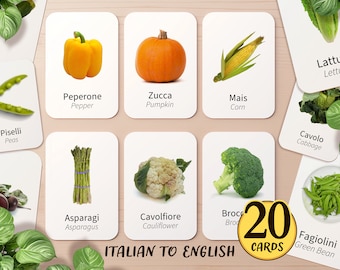 20 Italian & English Vegetable Flashcard | Printable Italian Homeschool Classroom Noun Activity | Italian Toddler Kids Preschool Flash Cards