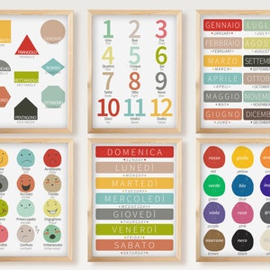 Italiano e inglese Decor, set di 6 stampe per la scuola materna / Bambini bilingue in età prescolare, arte murale per la scuola materna / Poster per l'istruzione dei bambini piccoli stampabile