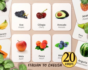 20 Italian & English Bilingual Fruit Flashcard | Printable Italian Homeschool Classroom Noun Activity | Toddler Kids Preschool Flash Cards