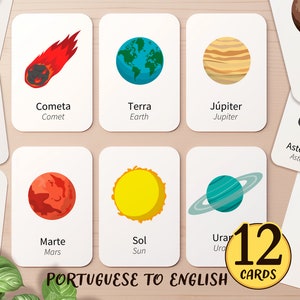 12 cartes-éclair du système solaire en portugais et en anglais à imprimer | Carte Flash pour tout-petits Brésil