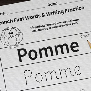 58 French Writing Practice Worksheets for Kids | Printable French First Words Vocabulary Worksheets | Classroom Homeschool Language PDF Page