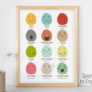 Spanish & English Emotions Poster Printable | Preschool Bilingual Kid Feelings Playroom Classroom Wall Art | Toddler Educational Print Decor