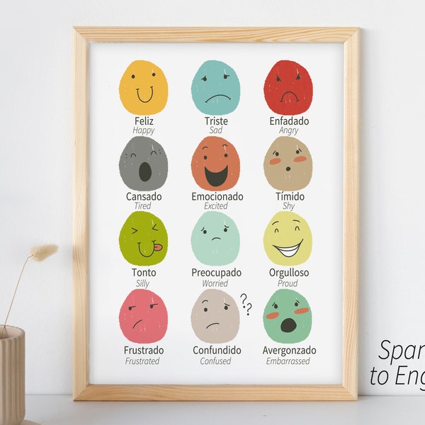 Spanish & English Emotions Poster Printable | Preschool Bilingual Kid Feelings Playroom Classroom Wall Art | Toddler Educational Print Decor
