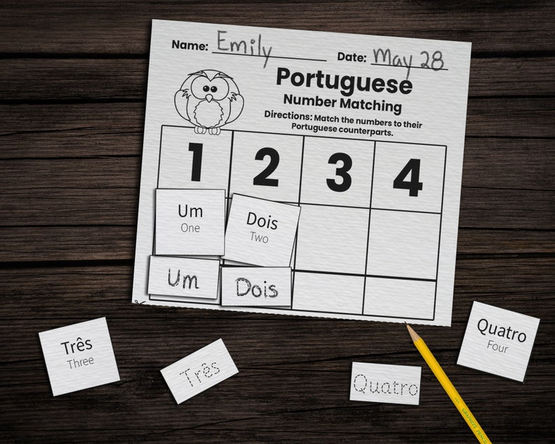 May include: Black and white worksheet with a cartoon owl. The worksheet is titled "Portuguese Number Matching" and has directions to match the numbers 1 through 4 to their Portuguese counterparts. The words "Um", "Dois", "Tr&ecirc;s", and "Quatro" are written on separate cards.