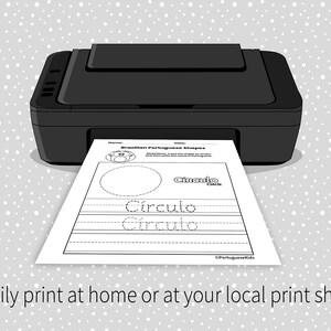 May include: A black and white printable worksheet for learning Brazilian Portuguese shapes. The worksheet features a circle with the word "Circulo" written in Portuguese and English. The word "Circulo" is also written multiple times for tracing practice.