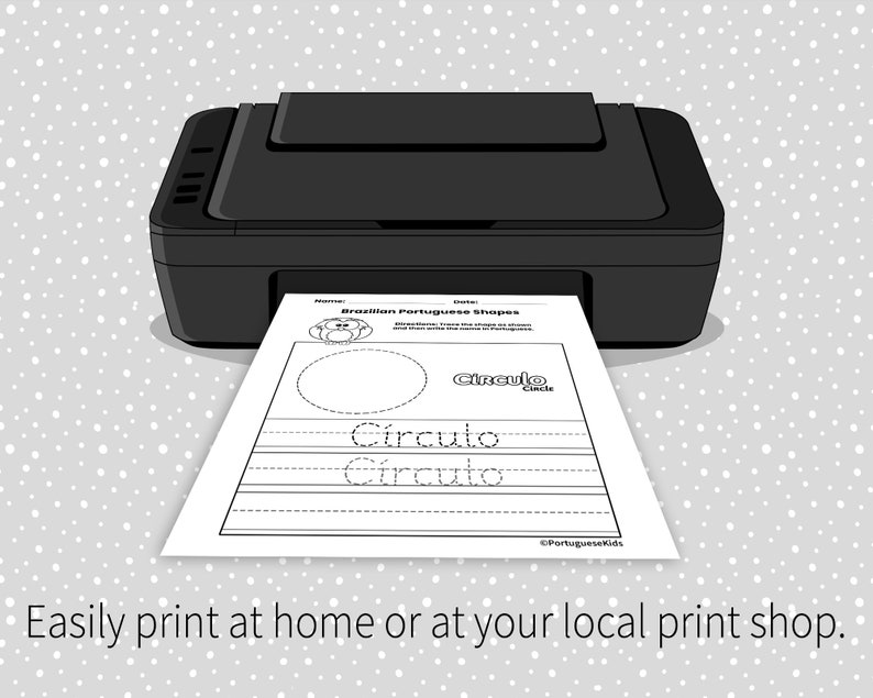 May include: A black and white printable worksheet for learning Brazilian Portuguese shapes. The worksheet features a circle with the word "Circulo" written in Portuguese and English. The word "Circulo" is also written multiple times for tracing practice.