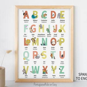 Spanish & English Alphabet Poster Printable | Preschool Bilingual Kid ABC Word Playroom Classroom Wall Art | Toddler Educational Print Decor