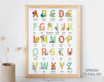 Spanish & English Alphabet Poster Printable | Preschool Bilingual Kid ABC Word Playroom Classroom Wall Art | Toddler Educational Print Decor