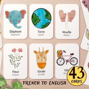 43 フランス語と英語の最初の単語のフラッシュカード印刷可能 | バイリンガルホームスクール語彙を教える幼稚園モンテッソーリアクティビティ幼児フラッシュカード