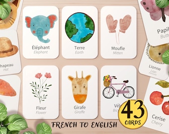 43 French & English First Words Flashcard Printable | Bilingual Homeschool Vocabulary Teach Preschool Montessori Activity Toddler Flashcard