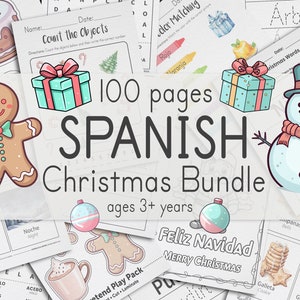 Learning Spanish Christmas Bundle, 100 Pages | Spanish Preschool & Kindergarten Worksheets for Age 3+ | Kid Holiday Workbook Snow Activity
