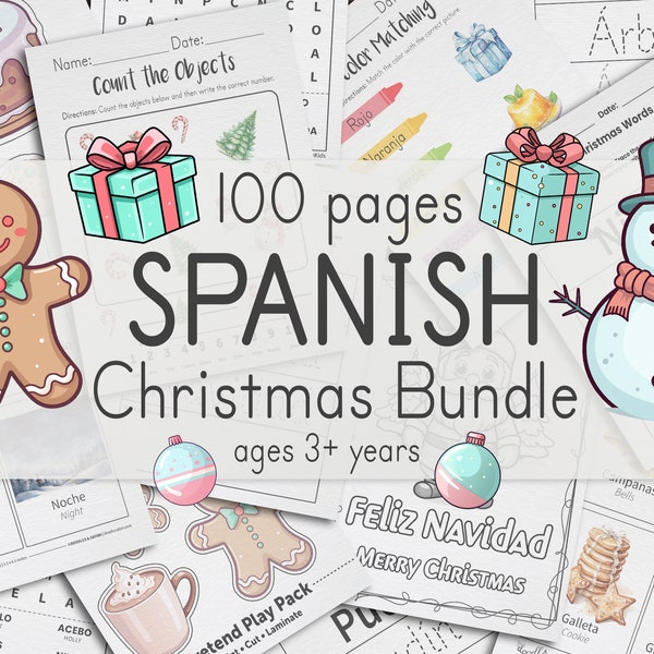 Pack de Noël Apprendre l'espagnol, 100 pages | Feuilles d'exercices d'espagnol pour les enfants d'âge préscolaire et maternelle à partir de 3 ans | Cahier d'exercices sur la neige pour les enfants