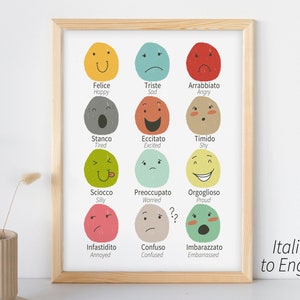 Emozioni in italiano e inglese Poster stampabile / Scuola materna bilingue bambino Italia sala giochi aula arte murale / stampa educativa per bambini piccoli