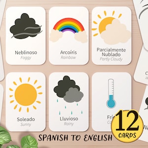 12 Spanish & English Weather Bilingual Flashcard Printable | Editable Preschool Homeschool Espanol Classroom Activities | Toddler Flash Card