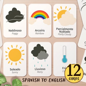 12 Spanisch & Englisch Wetter zweisprachige Karte zum ausdrucken | Bearbeitbar Vorschule Homeschool Espanol Klassenzimmer Aktivitäten | Kleinkind-Sticker-Karte