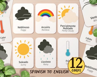 May include: Twelve flashcards with Spanish and English words for weather conditions. Each card features an illustration of a weather condition, such as a rainbow, sun, rain, or fog, along with the Spanish and English words for the condition.