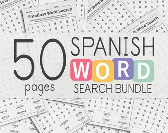 Spanish Word Search Bundle, 50 Pages | Spanish Word Find Worksheets for Age 4+ | Spanish Kindergarten 1st 2nd 3rd Grade Puzzle Activity Game