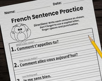 10 French Sentence Practice Worksheets for Kids | Printable French Bilingual Writing Worksheets | 1st-3rd Grade Homeschool Classroom Pages