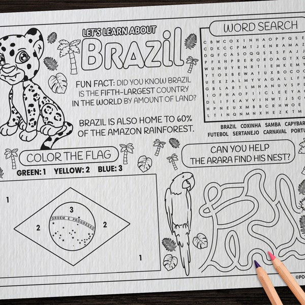 Feuille d’activité pour enfants Brésil | Activité de feuille de travail imprimable pour enfants | Page d’activité du tapis de coloriage brésilien | Artisanat de coloriage d'apprentissage du portugais