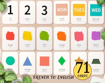 May include: 71 flash cards for learning French to English. The cards feature numbers, colors, days of the week, and shapes. Each card has the French word and the English translation.