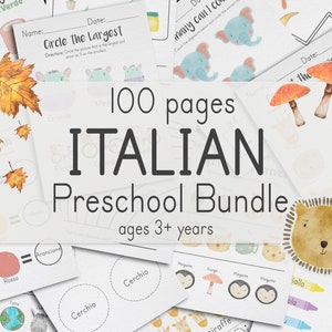 Pacchetto italiano PreK + K, 100 pagine / Schede didattiche italiane per la scuola materna e l'asilo per età 3+ / Attività di quaderno di lavoro stampabile per bambini