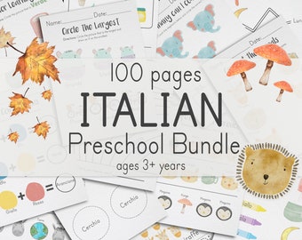 Italian PreK + K Bundle, 100 Pages | Italian Preschool & Kindergarten Worksheets for Ages 3+ | Printable Kids Quiet Book Workbook Activity