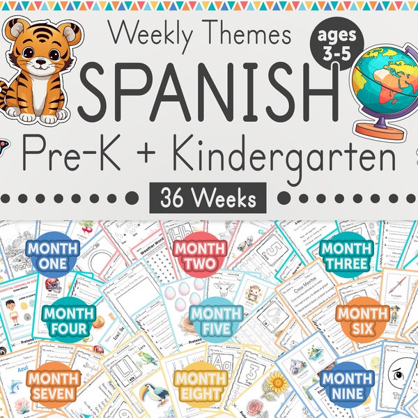 36 Week Spanish PreK + K Curriculum | Spanish Preschool & Kindergarten Classroom Themes for Age 3+ | Printable Spanish Homeschool Worksheets