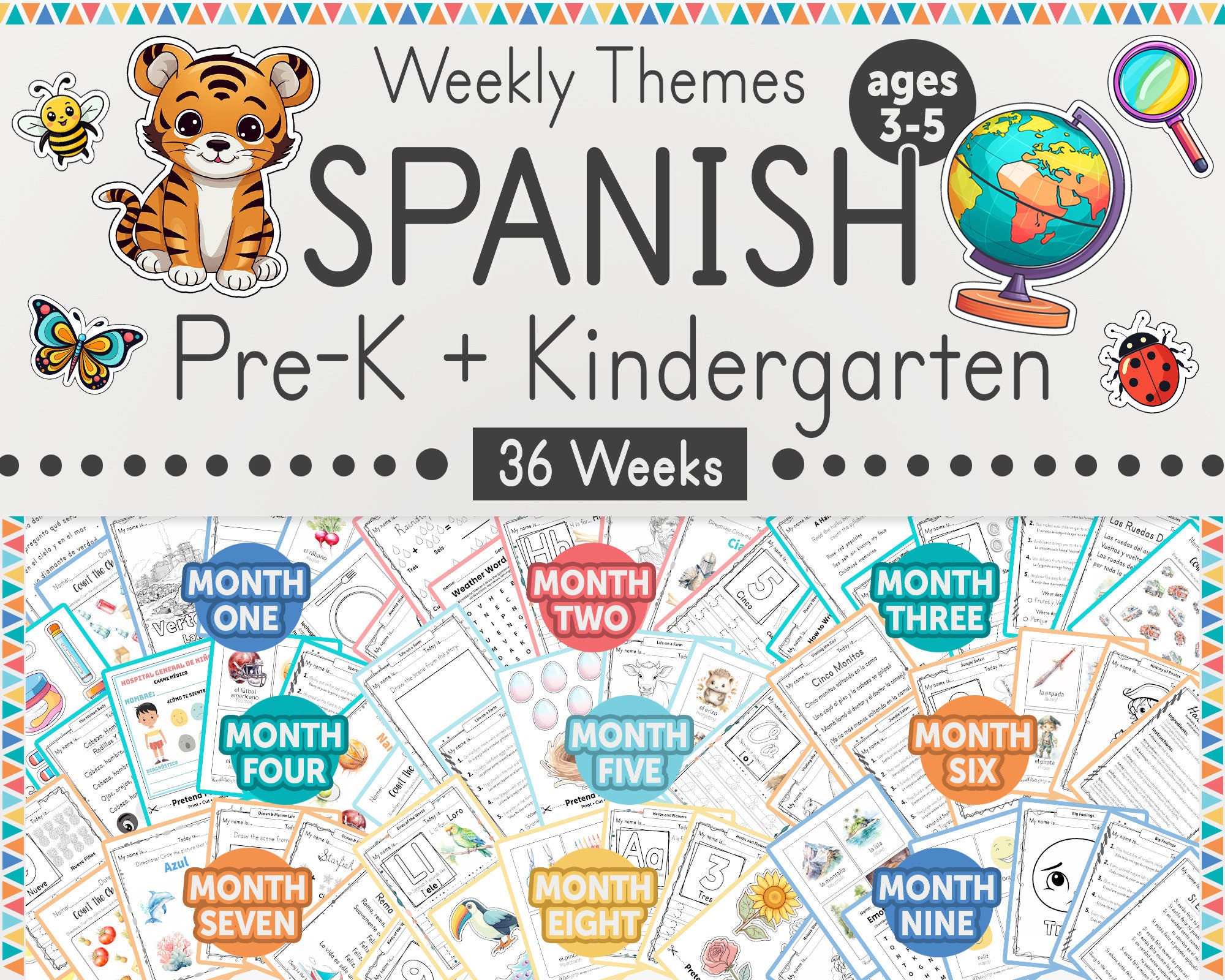 36 Week Spanish PreK + K Curriculum | Spanish Preschool & Kindergarten Classroom Themes for Age 3+ | Printable Spanish Homeschool Worksheets