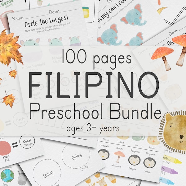 Filipino PreK + K Bundle, 100 Pages | Tagalog Preschool & Kindergarten Worksheets for Ages 3+ | Printable Kids Quiet Book Workbook Activity