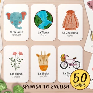 50 Spanish & English Bilingual First Word Flashcard Printable | Preschool Montessori Learn Classroom Noun Activity | Toddler Kids Flash Card