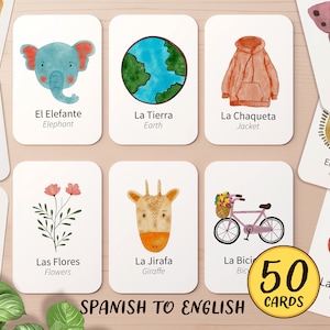 50 Spanish & English Bilingual First Word Flashcard Printable | Preschool Montessori Learn Classroom Noun Activity | Toddler Kids Flash Card