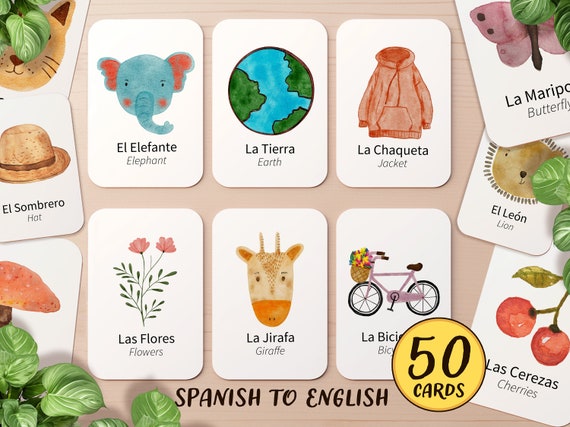 50 Spanish & English Bilingual First Word Flashcard Printable | Preschool Montessori Learn Classroom Noun Activity | Toddler Kids Flash Card