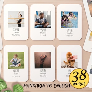 38 Mandarin & English Bilingual Verbs Flashcard Printable | Learn Mandarin Chinese Montessori Pre-K Classroom Activity | Toddler Flash Cards
