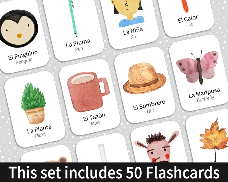 Bilingual Spanish and English Flashcards to help parents who homeschool to teach their children how to speak Spanish for sale on Etsy.