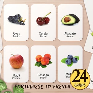 24 cartes-éclair sur les fruits en portugais et en français Imprimable | Préscolaire École à la maison Brésil France Activité en classe Apprendre un nom | Carte flash pour tout-petit