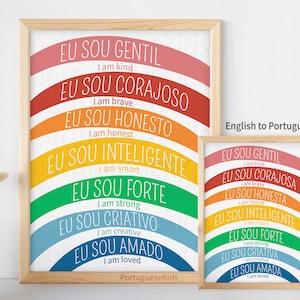 Póster imprimible con afirmaciones en portugués e inglés / Arte de pared positivo para el aula de preescolar para niños brasileños / Decoración con impresión inspiradora para niños pequeños