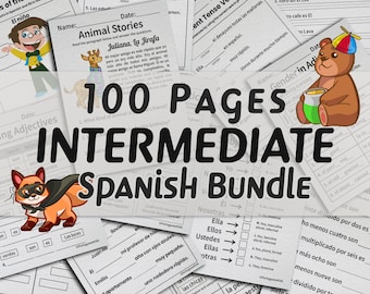 Spanish Intermediate Worksheet Bundle | 100 Spanish Vocabulary Worksheets for Kids | Printable Spanish Classroom Activity Coloring Book Page