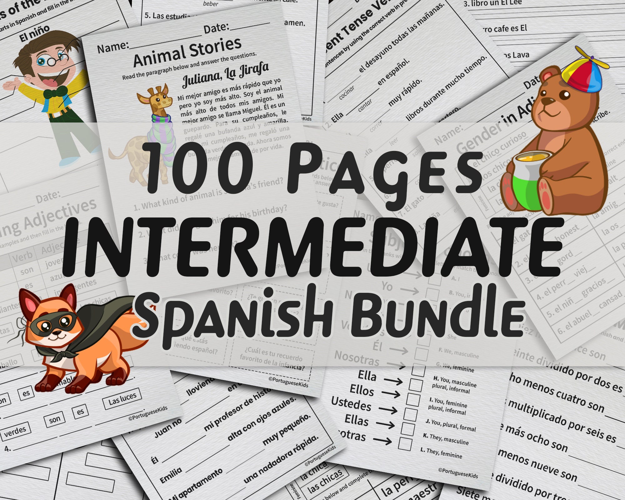 Spanish Intermediate Worksheet Bundle | 100 Spanish Vocabulary Worksheets for Kids | Printable Spanish Classroom Activity Coloring Book Page