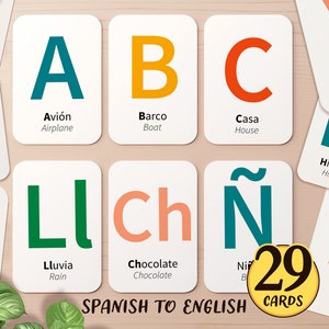 29 Flashcards ABC em espanhol e inglês | Atividade de educação domiciliar do alfabeto bilíngue para impressão | Flashcards fonéticos para crianças pequenas em sala de aula