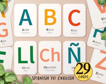 29 Spanish & English ABC Flashcards | Printable Bilingual Alphabet Homeschool Activity | Phonetic PreK Toddler Kids Classroom Flash Cards