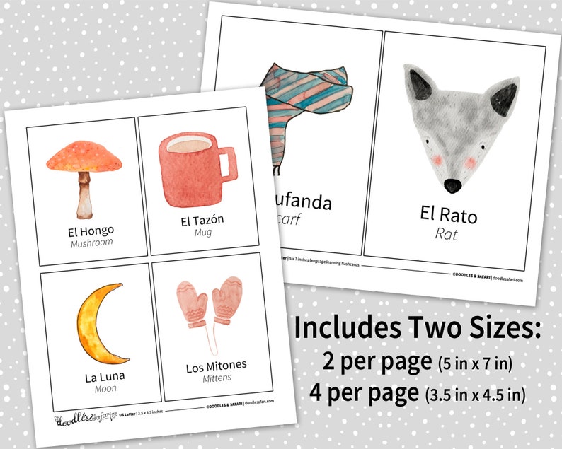 Bilingual Spanish and English Flashcards to help parents who homeschool to teach their children how to speak Spanish for sale on Etsy.