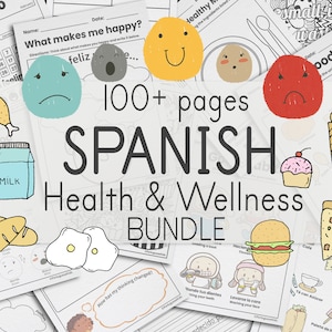 Spanish Worksheet Wellness Bundle | 100+ Spanish Worksheets for Kids | Printable Spanish Healthy Habits Emotions CBT Coloring Activity Pages