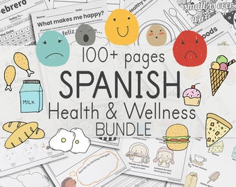 Spanish Worksheet Wellness Bundle | 100+ Spanish Worksheets for Kids | Printable Spanish Healthy Habits Emotions CBT Coloring Activity Pages