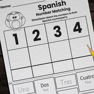 Hojas de trabajo de emparejamiento de números en español del 1 al 20 para niños / 5 hojas de trabajo imprimibles de conteo de la primera palabra en español / Página de idioma para la educación en el hogar en el aula