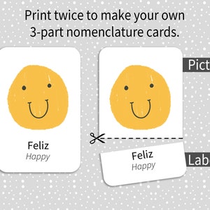 May include: Printable 3-part nomenclature cards featuring a yellow smiley face with the words "Feliz" and "Happy" on the label card.