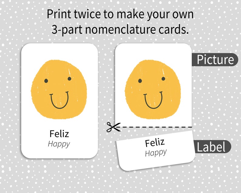May include: Printable 3-part nomenclature cards featuring a yellow smiley face with the words "Feliz" and "Happy" on the label card.
