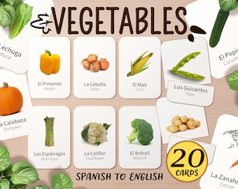 May include: A set of 20 flashcards featuring colorful illustrations of vegetables with their Spanish and English names. The cards are white with black text and are arranged in two rows of ten cards.