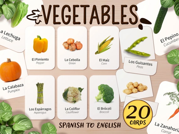 20 Spanish & English Bilingual Vegetables Flashcard Printable | Preschool Montessori Learn Classroom Noun Activity | Toddler Kids Flash Card