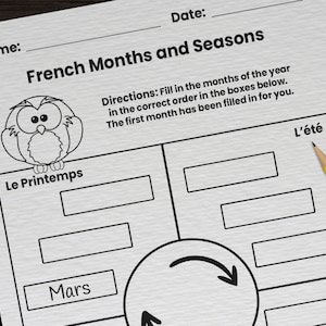 17 French Months & Seasons Worksheets for Kids | Printable French First Words Vocabulary Worksheets | Classroom Homeschool Language PDF Page